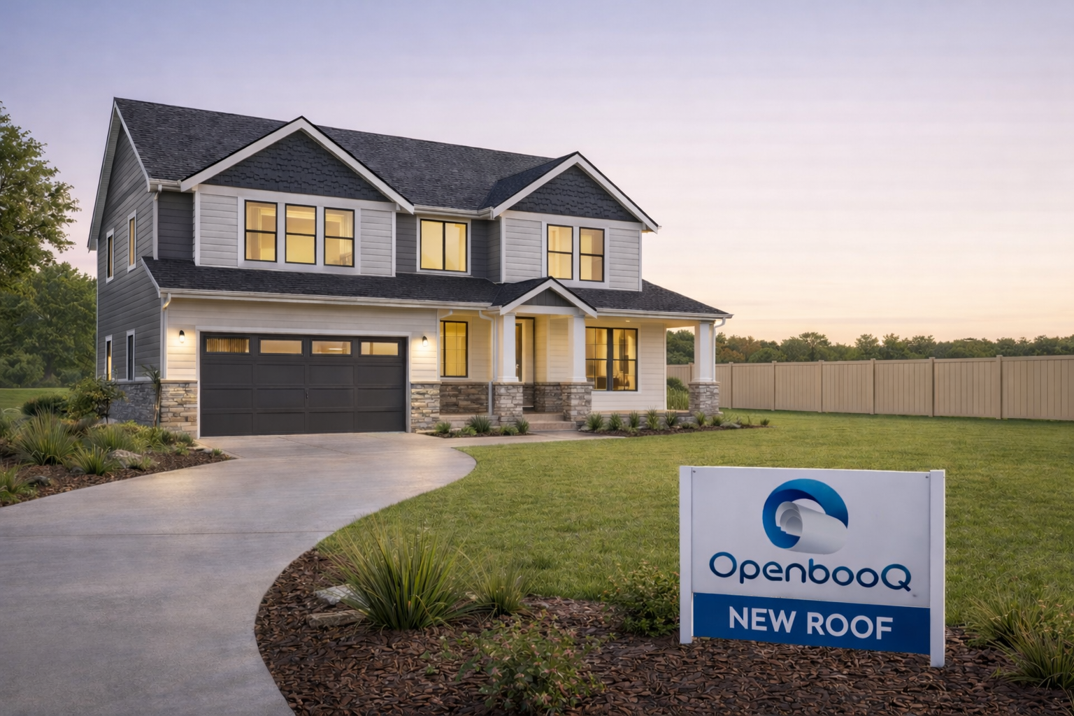 Modern home with OpenbooQ NEW ROOF sign displayed in front yard